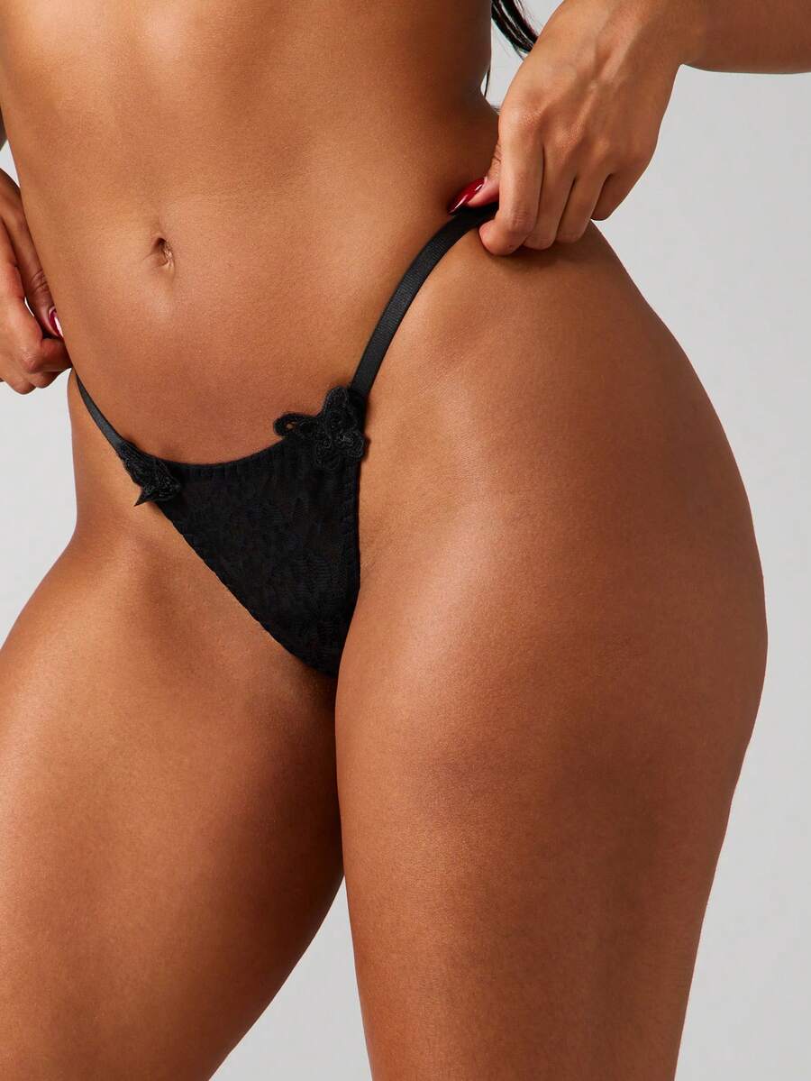MISSGUIDED Butterfly Applique Black Lace Thong Delicate Floral Embroidered Underwear Intimate Lingerie Triangle String Panty Low Rise Feminine Undergarment - Black - View 1