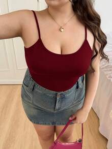 CovetEZ Plus Size Solid Color Round Neck Tight Elastic Bodysuit - Burgundy - View 5