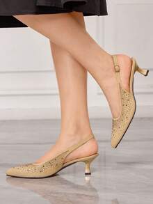 Tacones altos de moda versátiles para uso diario con diseño de hebilla y cristales para mujer, ideales para Navidad - Dorado - Ver 3