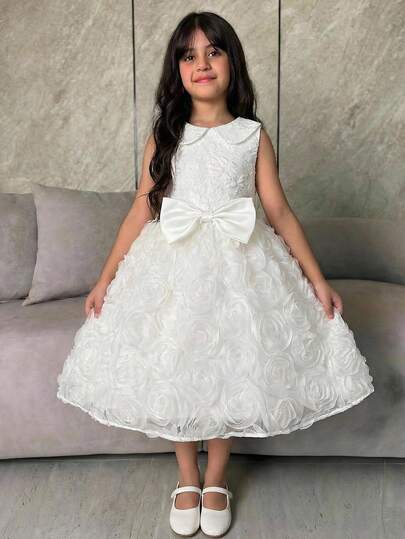 SHEIN DRMZ Ung flickklänning med asymmetrisk halsringning, stor rosett och enfärgad, puffärm, jacquard och a-linjeform, Ramadan-stil, matchande familjesemester, vintage och söt och elegant och moderiktig, festkläder, vacker prinsessa, mamma och dotter och systrar matchande. vår/sommar