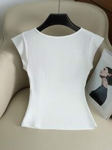 Franclia Camiseta Casual Feminina de Manga Raglan com Gola Redonda e Botões Metálicos Canelados em Branco, Adequada para Uso Diário e Commuting, Top de Malha Branca Canelada para Primavera/Verão, Top de Malha Feminina, Blusas Elegantes de Verão Femininas, Blusas de Malha de Manga Curta Femininas, Blusas Justas Femininas de Manga Curta - Branco - Visão 2