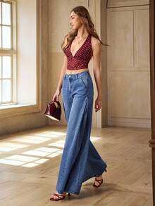 Selenza Women's Casual Everyday Washed Loose Fit Wide Leg Jeans With Slant Pockets - Blue - View 6