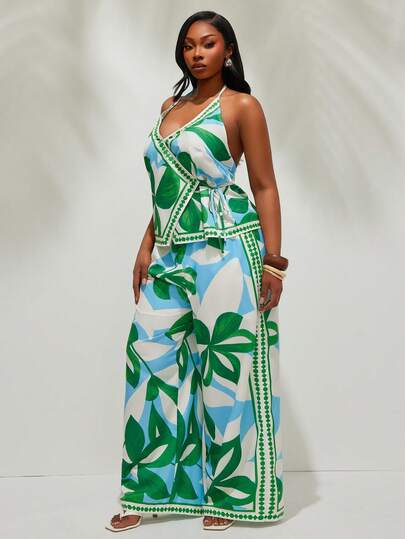 Radiana Damen Große Größen Set aus Blatt-Muster Trägerhemd und Hose, 2-teilig, lässig & modisch für Frühlings-/Sommerurlaub