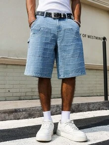 Manfinity Hypemode Men's Casual Streetwear Multi-Pocket Distressed Blue Denim Cargo Shorts - Light Wash - View 9