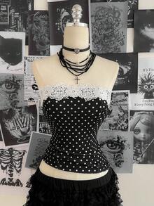 Attitoon Blusa de mujer con estampado de lunares vintage, parches y encaje, adecuada para primavera, fiestas, Pascua, salir, color negro, para volver al colegio, con estilo vintage, sexy, linda, Y2K, estilo coco, bohemio, hippie, festivales de música, fiestas - Negro - Ver 3