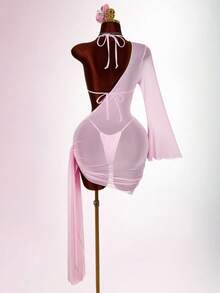 Amplova Women's 3 PiecesBeaded Swimwear Set Including Shoulder Strap Mesh Coverup, Sexy & Chic, Suitable For Vacation, Tie-Up Details - Pink - View 5
