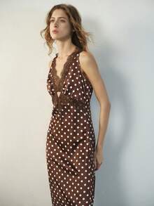 Maija Brown Polka Dot V-Neck Midi Dress With Lace Trim For Women - Brown - View 4