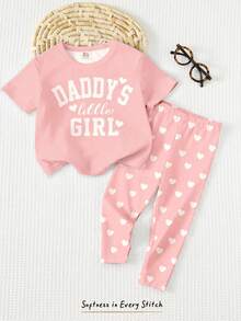 SHEIN 女婴休闲“爸爸的小公主”字母爱心印花柔软舒适宽松圆领短袖T恤和打底裤套装，适合春夏日常穿着、街头风、外出、居家、度假。 - 彩色 - 查看 4