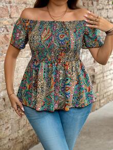 SHEIN PETITE CURVE 大码女式休闲褶皱露肩短袖腰果印花衬衫 - 彩色 - 查看 5