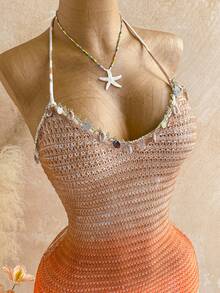 Soleia Women's Summer Vacation Ombre Shell Decor Halter Knit Dress - Multicolor - View 3