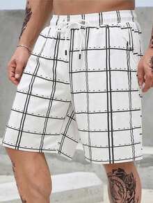 Manfinity RSRT Men's Summer Beach Style Printed Drawstring Waist Slant Pocket Loose Beach Shorts - White - View 4