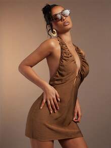 Hauture 女士露背深V领褶皱细节性感职业装连衣裙 - 咖啡 - 查看 1