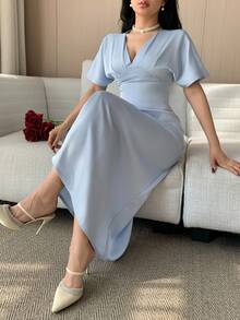 DAZY Women's Elegant Solid Color V-Neck Mid-Length Dress, Summer Wedding Guest Dress Sundress - Blue - View 1
