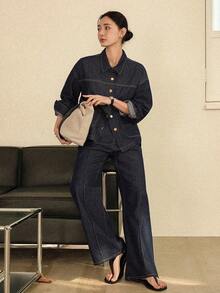 Dazy-Less Spring/Summer Romantic Design Loose Casual Commute Elegant Blue Shirt And Straight Leg Jeans Women 2-Piece Suit - Blue - View 9