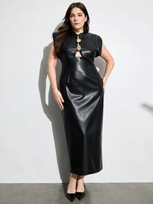 Aveloria Modichic Elegant Sexy Solid Color Hollow Metal Buckle Decor Waist Exaggerated Shoulder Plus Size Women Long Dress - Black - View 3