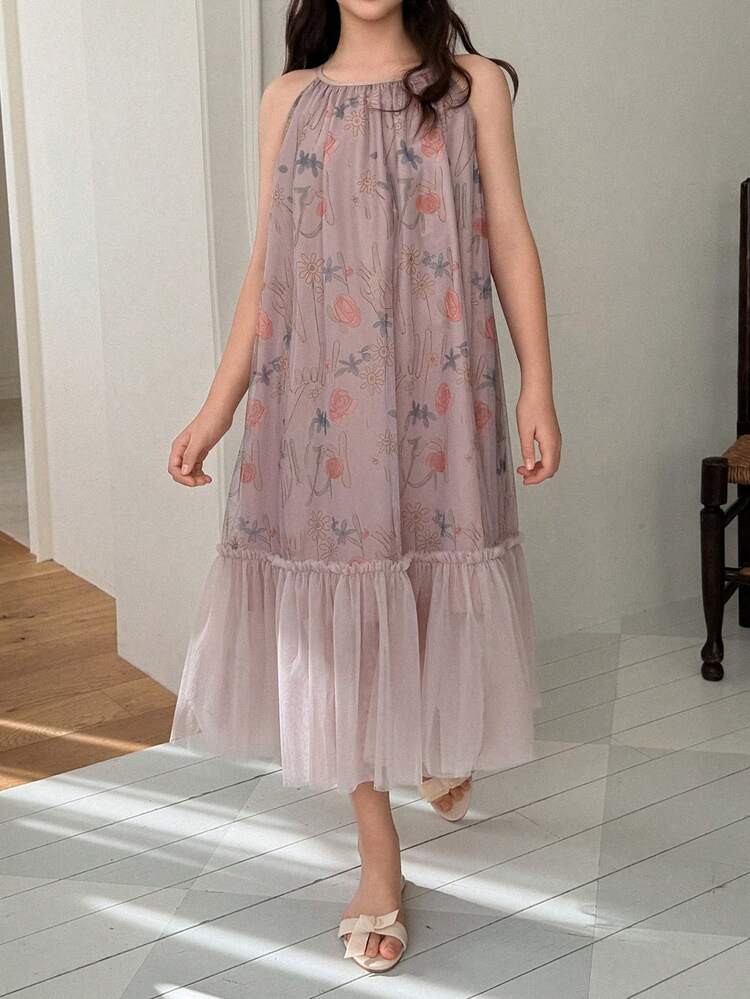 Tween Girl Summer Floral Print Ruffle Hem Halter Neck Dress