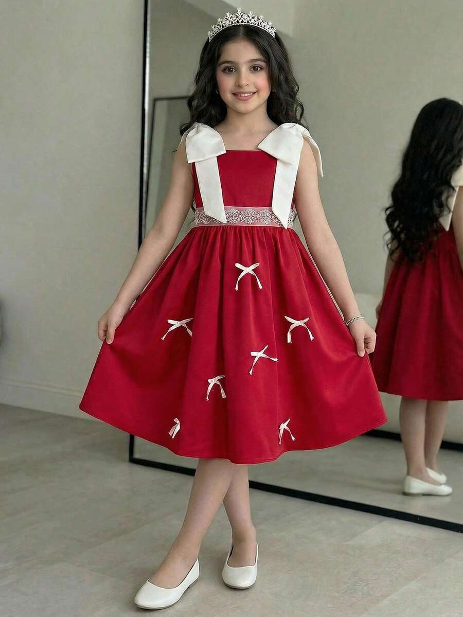 SHEIN Tween Mädchen Kleid mit gewebter Schleife und Kontrastfarbe - Weiss - Übersicht 1