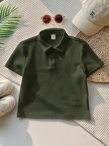 1 Piece Young Boy Casual Sports College Art Retro Textured Fabric Short-Sleeved Polo Shirt Suitable Back To School Suitable For Birthday Parties, Evening Parties, Performances, Weddings, Baptisms, Opening Ceremonies Suitable For Middle Eastern Suitable For Daily Use Suitable For School Suitable For Travel Suitable For Sports Suitable For Spring And Summer Seasons - Army Green - View 5