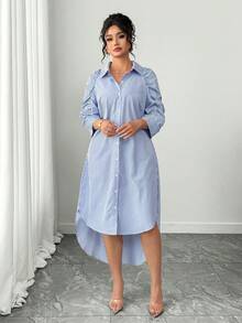 Elenzga Đầm dáng ôm thanh lịch cổ bẻ màu xanh trắng kẻ sọc tay lửng dành cho nữ cỡ lớn, thích hợp cho mùa xuân/thu. - Xanh và trắng - Xem 3