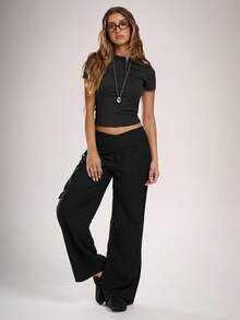 Avantive Women's Casual Solid Color Waist Tie Straight Leg Pants - Black - View 7