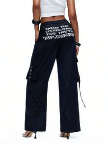 TypaGal Women's Y2K Navy Blue Autumn Punk Bar Party Summer Black Chic Pocket Rivet Decoration Loose Fit Printed Pants Elastic Waist Beach Vacation - Black - View 2