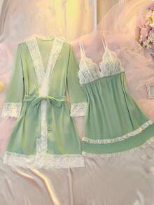 DelicateAllure 性感网纱蕾丝拼接睡裙及系带睡袍套装，迷人睡衣，冬季服装 - 綠色 - 查看 6