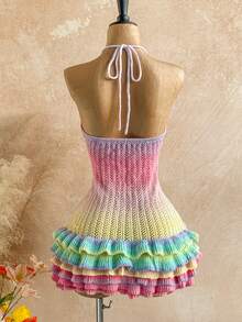 Soleia New Knitted Halter Neck Tie Strap Multi-Layer Ruffle Hem Mini Dress, Suitable For Party, Date, Valentine's Day, Easter, Carnival, Afternoon Tea, Beach, Cruise, City Vacation, Autumn/Winter Layering - Multicolor - View 2
