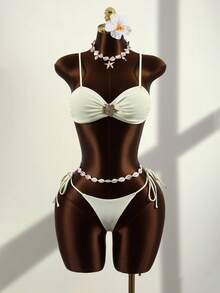 Zestiva Bộ bikini nữ gợi cảm và thanh lịch, chất liệu vải khoét rỗng phối kim loại, size 26SS, cổ khoét sâu, kiểu dáng dự tiệc bãi biển ngoài trời. - Màu be - Xem 5