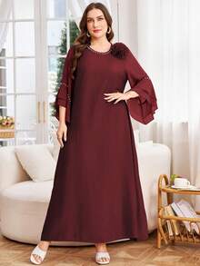 Lacomfia Plus Size Women Solid Color Chiffon Patchwork Modest Casual Dress - Burgundy - View 6