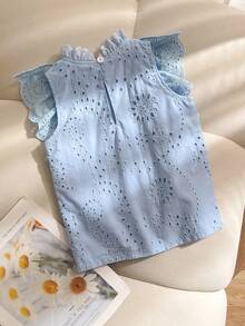 SHEIN Elladie kids Áo kiểu nữ màu xanh dương thêu họa tiết, cổ và vạt áo xếp ly, phong cách đồng quê thanh lịch, thích hợp cho dạo phố và đi làm. - Màu xanh lam - Xem 2