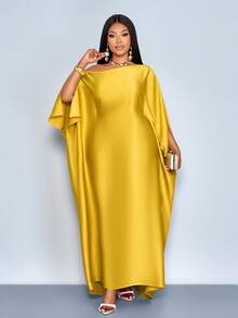 SOLERSUN Vestido largo de verano de tela de satén de unicolor, holgado y casual, para mujer de talla grande. Mangas cortas con abertura, cintura con lazo, espalda con lazo. Ideal para vacaciones en la playa. Nuevo estilo. - Mostaza Amarilla - Ver 3