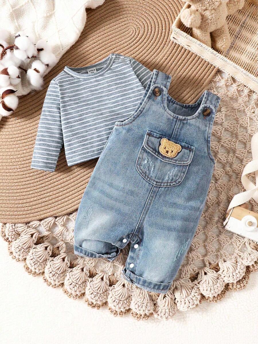 SHEIN Playful Pals 新生兒條紋長袖上衣與熊圖案牛仔連身褲套裝 秋季