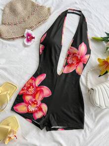 Soleia Women's Vacation White Knit Textured Wavy Pattern Deep V Neck Backless Sexy Bodysuit, Fashionable Fitted For Party, Date, Afternoon Tea, Boho Vacation, Beach, Summer Outfit, Carnival Outfit - Black - View 4