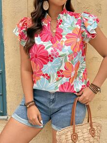 Breezaya Damen Große Größen Bluse mit Blume Muster, V-Ausschnitt und Rüschenärmeln, Lässig - Verschiedenfarbig - Übersicht 1