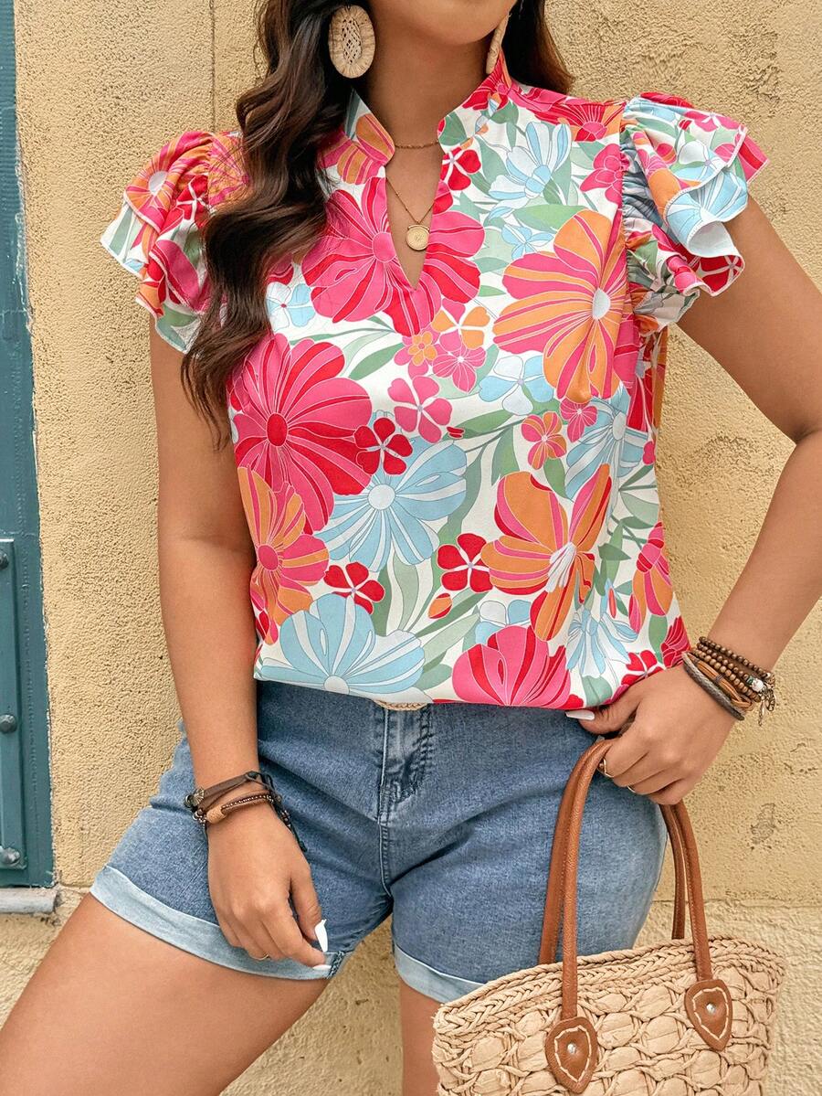 Breezaya Damen Große Größen Bluse mit Blume Muster, V-Ausschnitt und Rüschenärmeln, Lässig - Verschiedenfarbig - Übersicht 1