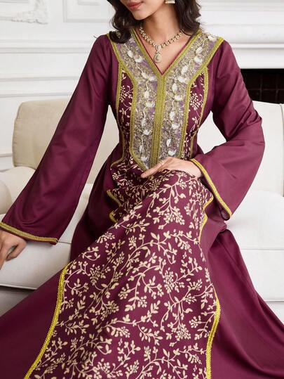 Al Najma Women's Elegant Floral Print Patchwork Ribbon Arabic Style Dress, Autumn