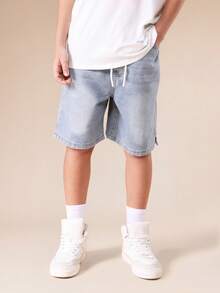 SUMWON Boys Denim Shorts With Split Hem Detail Elastic Waistband Light Wash Summer Casual Weekend Comfortable Cotton Blend Drawstring Closure Tween Youth Vacation - Light Wash - View 4