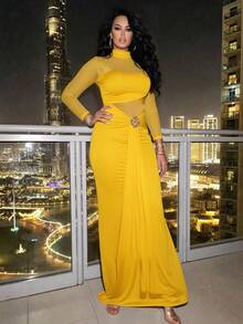 BamGleam 女士优雅派对高领网纱拼接金属花卉装饰修身连衣裙，鱼尾裙摆 - 黃色 - 查看 3