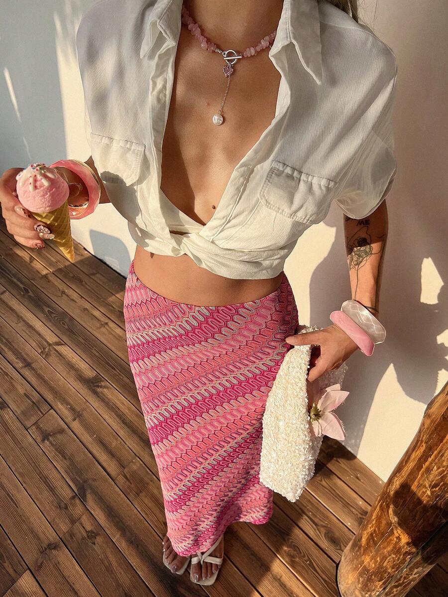 Livesso 春夏亮粉色几何图案波西米亚休闲度假风高开衩修身沙滩裙，优雅通勤装扮。 - 珊瑚粉 - 查看 1