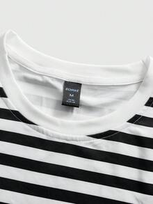 ROMWE MEN Men's Casual Round Neck Short Sleeve Striped Graphic T-Shirt - Black and White - View 6