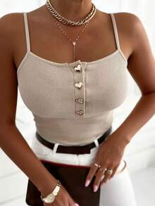 EMERY ROSE Top corto ajustado y sexy con cuello redondo, parte delantera semi-abierta, tirantes de espagueti, botones con forma de corazón, top de tirantes casual de manga corta para mujeres - Albaricoque - Ver 7