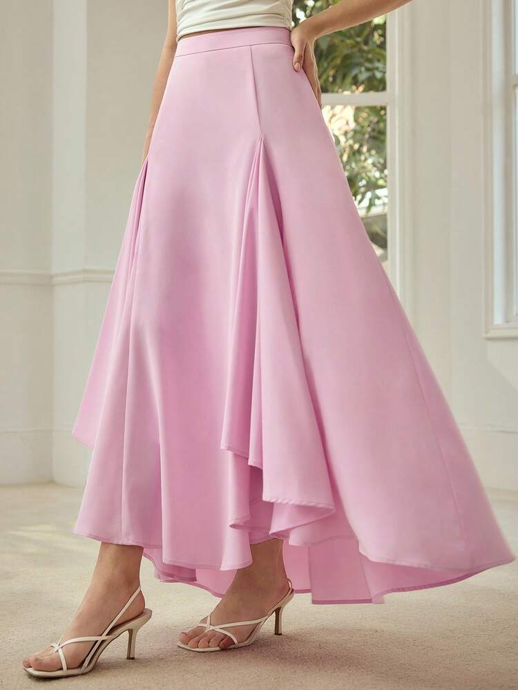 Gonna asimmetrica rosa a pieghe con design a patchwork francese, versatile