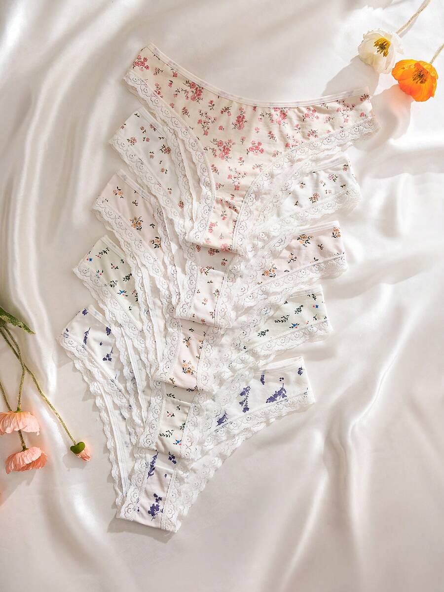 5pcs/Pack Floral Print Lace Trim Women's Bikini Briefs - Multicolor - View 1