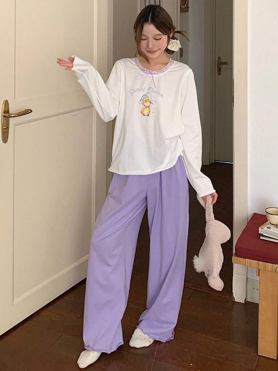 DAZY 2件套女士兔子图案宽松长袖长裤睡衣套装，秋季款 - 白色 - 查看 1