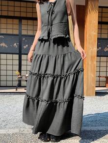 FRIFUL Conjunto de 2 piezas de mujer con cárdigan con lazo y tirantes, y falda con cintura elástica y volantes en el bajo, estilo natural - Gris - Ver 3