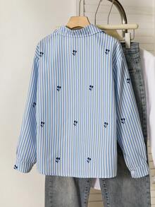 SHEIN 1pc Girls Cherry Stripe Blue Collared Long Sleeve Button-Up Shirt, Suitable For Spring/Summer - Blue - View 2