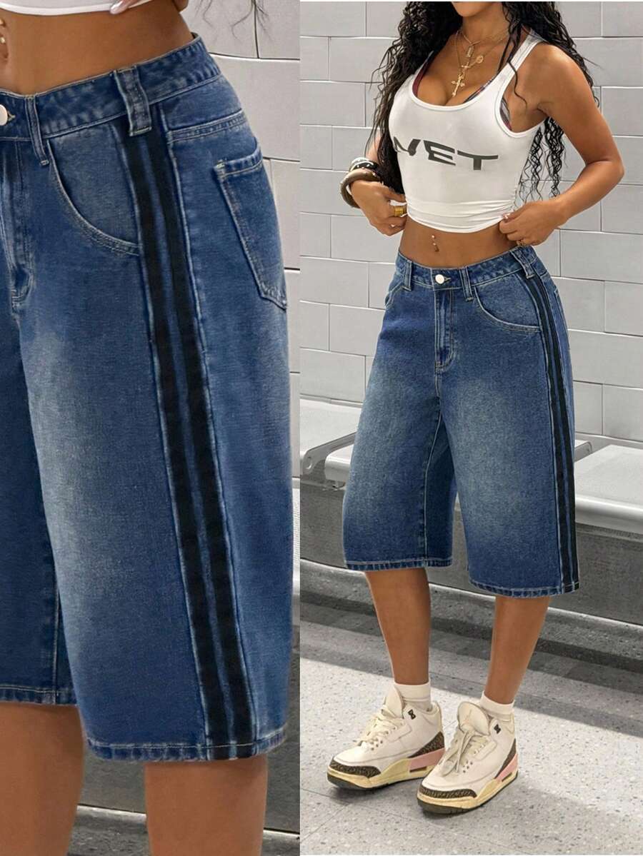 StreetHx 时尚休闲拼接条纹低腰牛仔短裤 - 中等水洗藍 - 查看 1