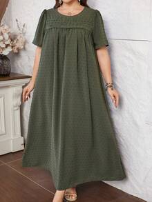 Lacomfia Casual Minimalist Pom-Pom Jacquard Round Neck Loose Fit Regular Midi Dress, Plus Size, Spring/Autumn - Green - View 6