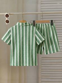 SHEIN Genkimix Kids 2pcs Young BoyTextured Stripe Knit Shirt And Shorts Set - Green - View 2