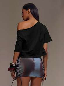 MUSERA 肩部印花豹纹超大短款T恤，酷女孩必备，适合外出、性感、豹纹印花，女装，圣诞节、优雅假日、派对、春夏复活节等场合。 - 黑色 - 查看 3